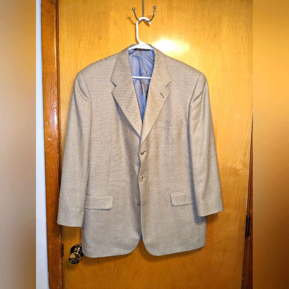 Tom James Royal Classic 3 Button Sport Coat Mens Tan Check 100% Wool 46R
